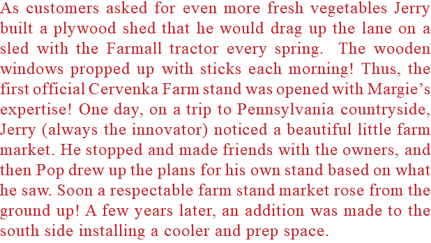 As customers asked for even more fresh vegetables Jerry built a plywood shed that he would drag up the lane on a sled with the Farmall tractor every spring. The wooden windows propped up with sticks each morning! Thus, the first official Cervenka Farm stand was opened with Margie’s expertise! One day, on a trip to Pennsylvania countryside, Jerry (always the innovator) noticed a beautiful little farm market. He stopped and made friends with the owners, and then Pop drew up the plans for his own stand based on what he saw. Soon a respectable farm stand market rose from the ground up! A few years later, an addition was made to the south side installing a cooler and prep space.